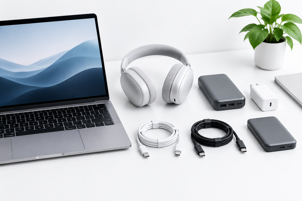 Modern electronics on a clean desk with white lighting